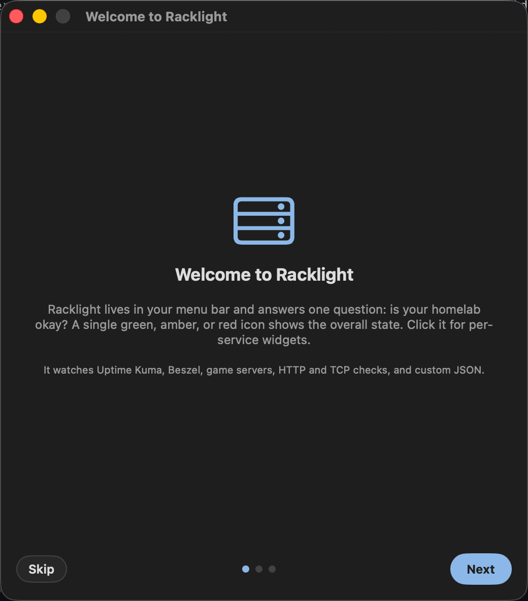 Racklight welcome screen