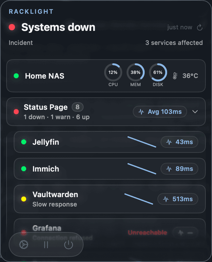 Racklight popover showing host health and individual service status