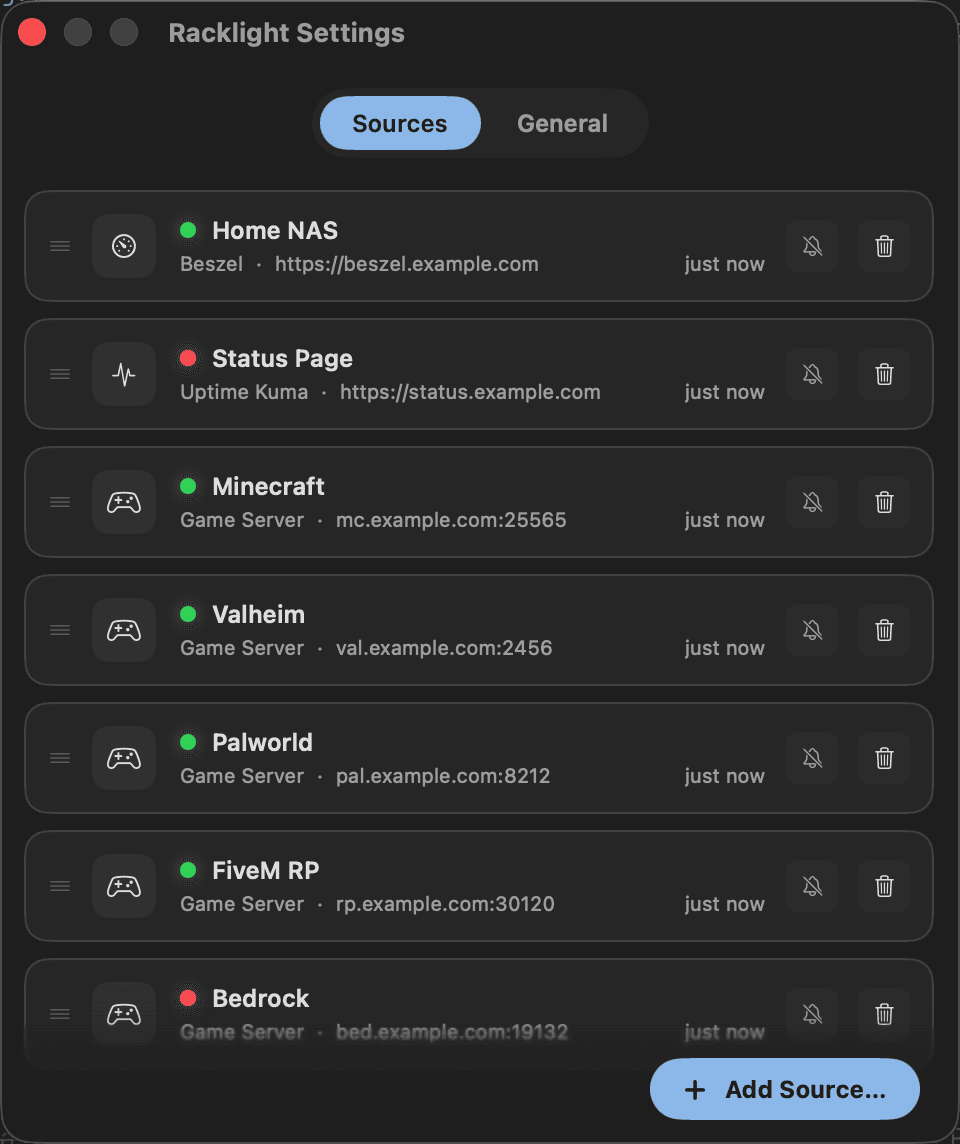 Racklight source settings with live status indicators